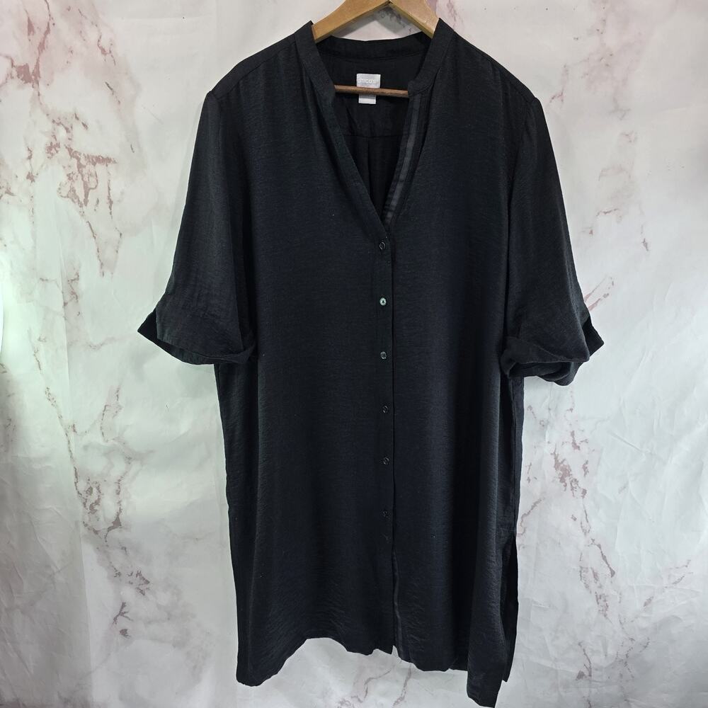 Chicos Shirt Womens 4 2X 20 22 Black Short Sleeve Button Cuffed Tunic Notch